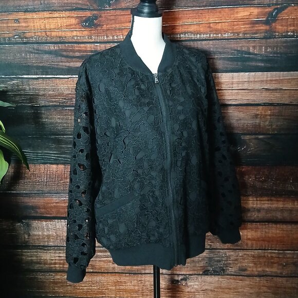 Isaac Mizrahi Live Bomber Jacket XL Black Lace Full Zip Sheer Sleeve - Picture 4 of 10